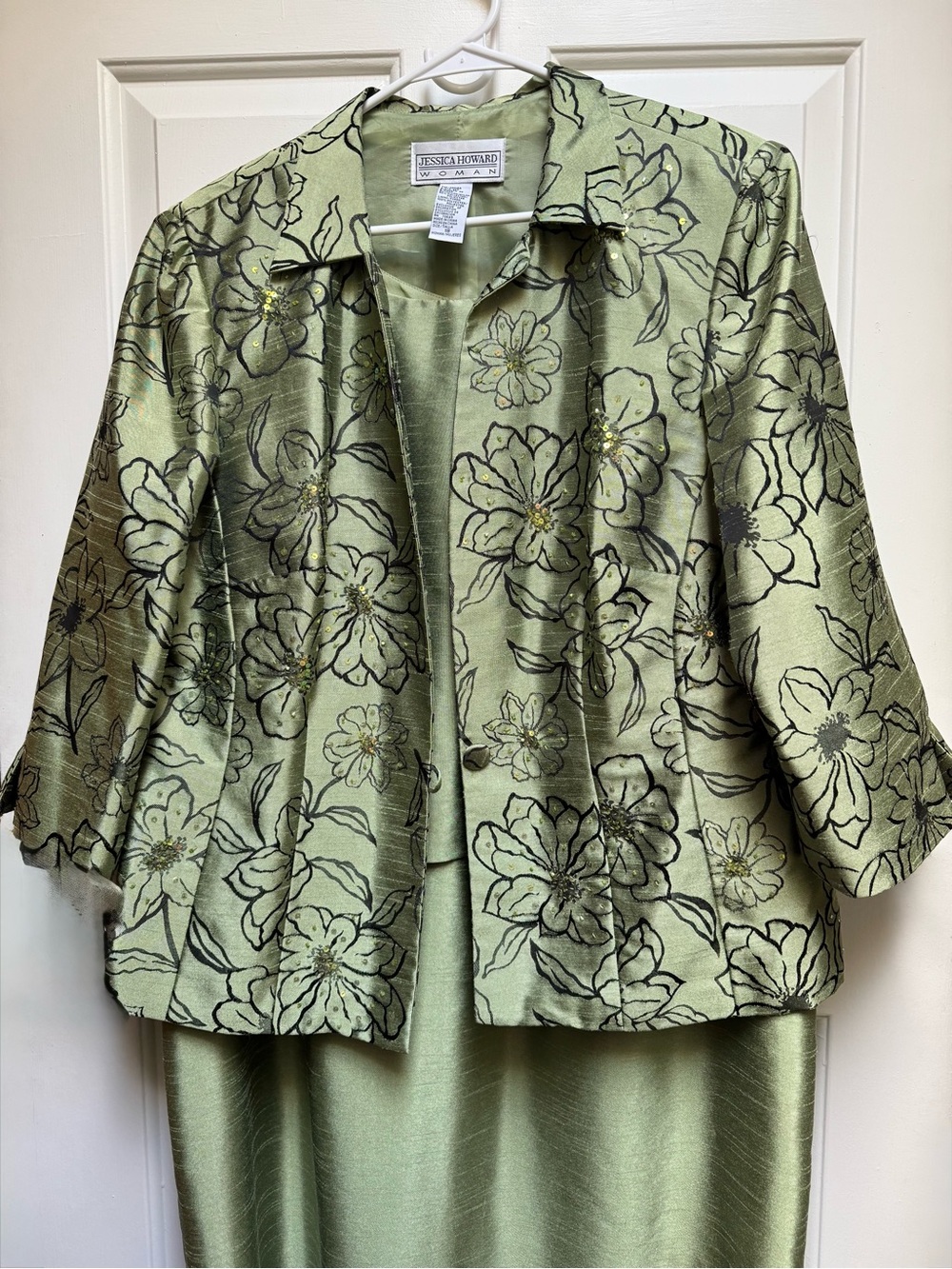 Jessica Howard Sage Green Sleeveless Dress 3/4 Beaded Floral Jacket Set Woman 18 - Picture 2 of 16